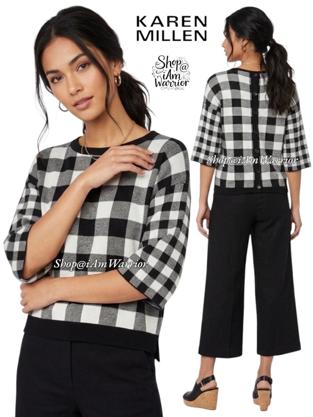 Karen Millen cropped boxy b&w checkered short sleeve sweater *shop@iamwarrior